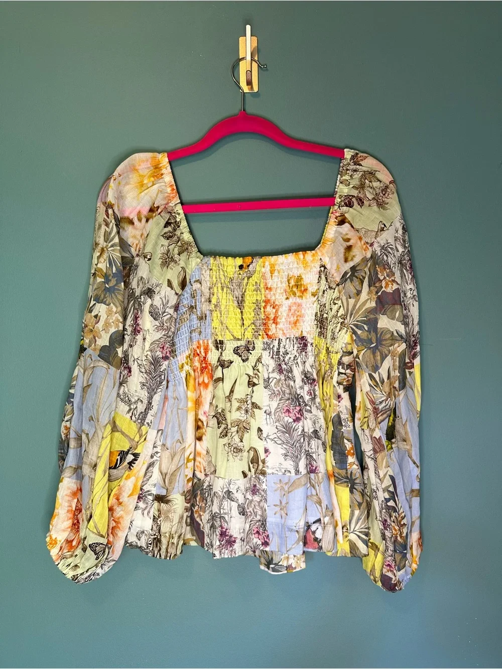 Banana Republic Patchwork Botanical Ramie Blouse Cottagecore Boho Small Tall